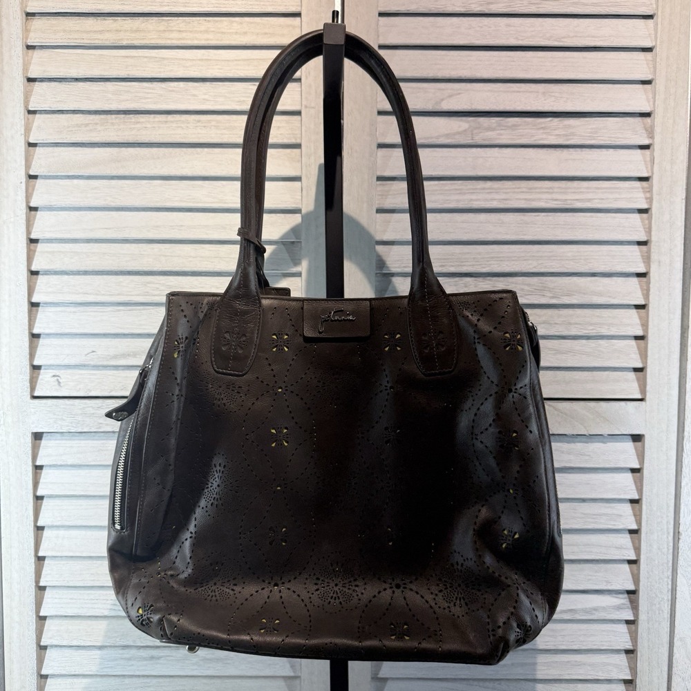 Petunia Pickle Bottom Brown Leather And Sepia Tote Handbag Purse Cutout Floral